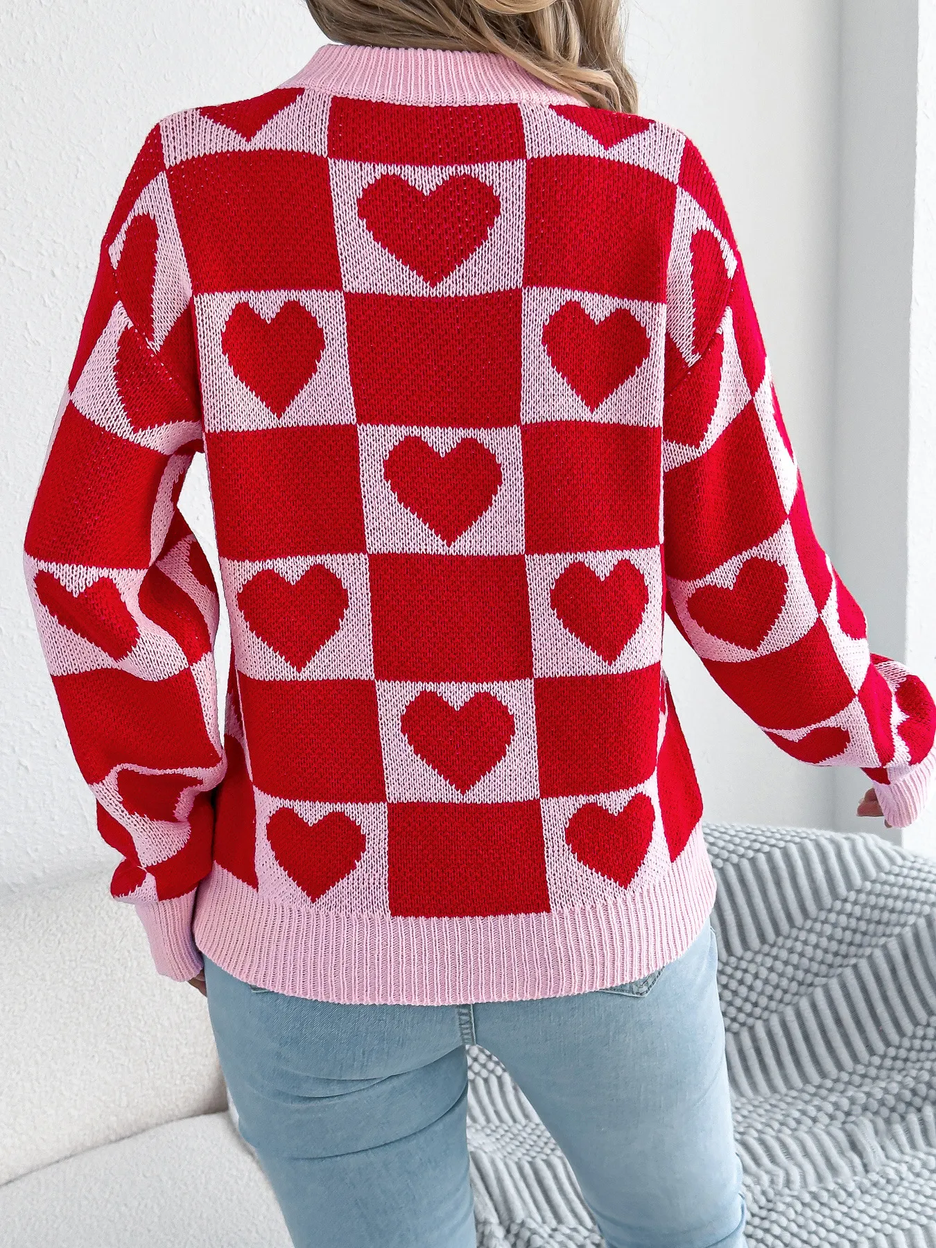 Heart Plaid Lantern Sleeve Pullover Sweater