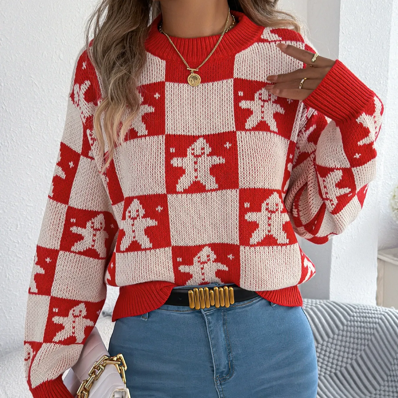 Christmas Snowman Plaid Lantern Sleeve Pullover Sweater