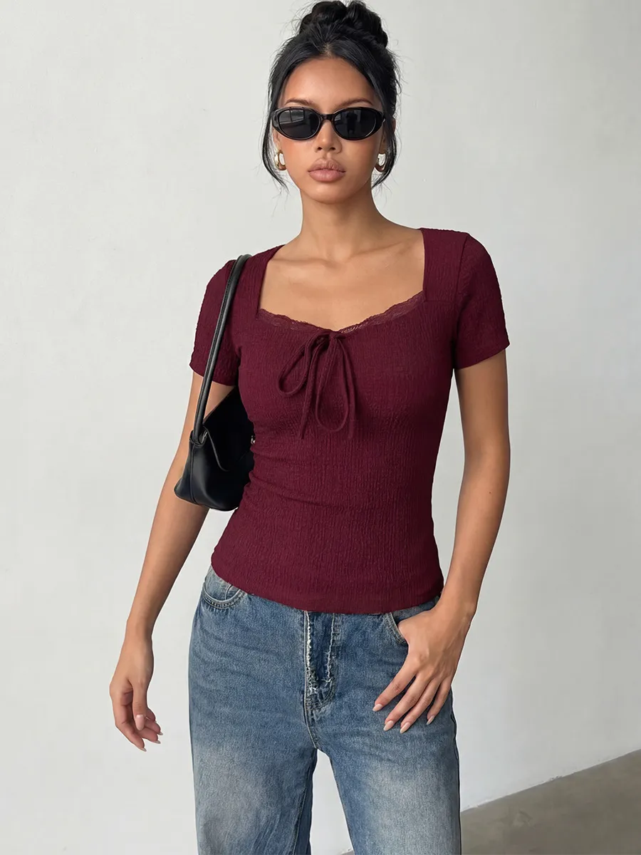 Lace Trim Slim Fit Short Sleeve Top