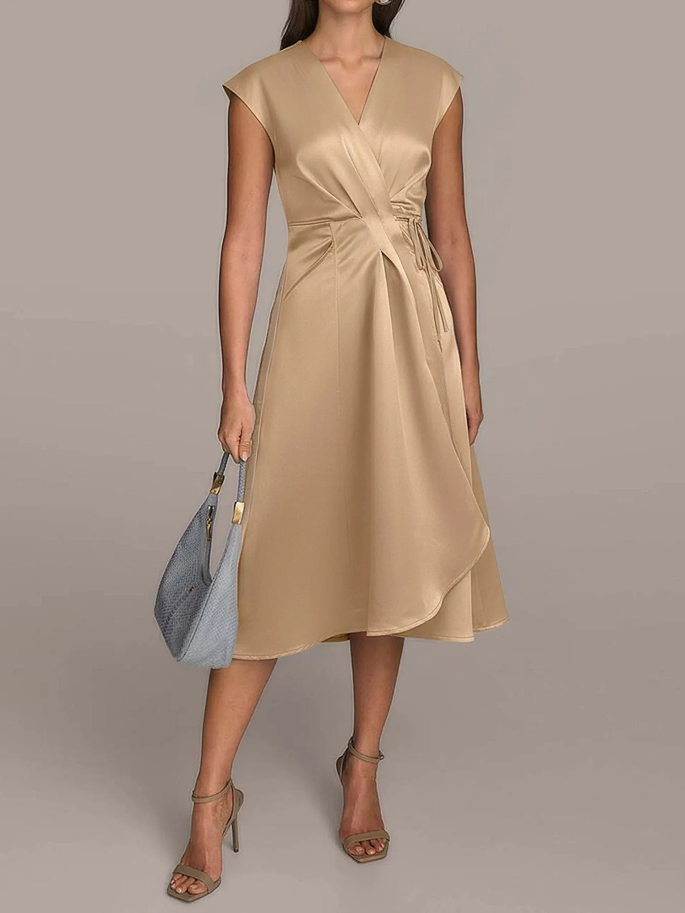Asymmetrical Satin V-Neck Tie-Waist Dress