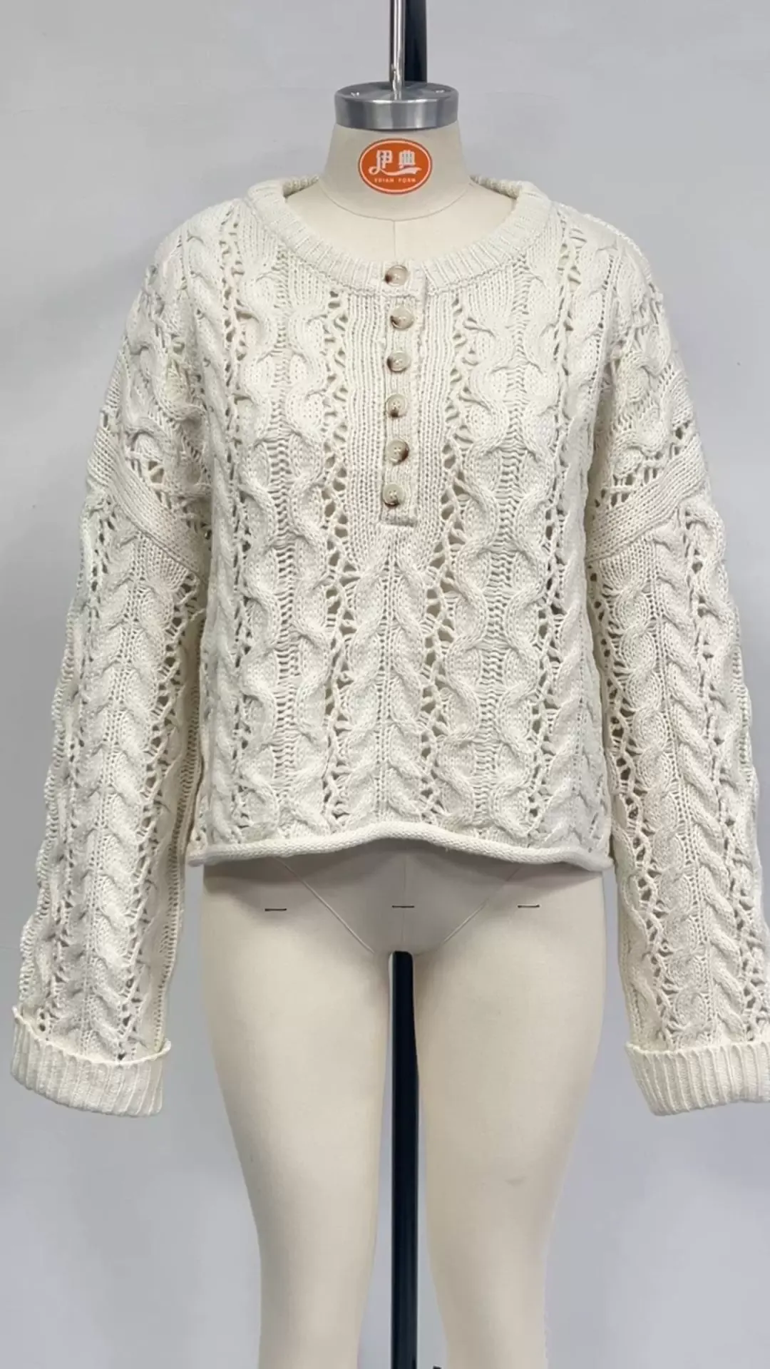 Solid Color Loose Fit Cropped Button Knit Pullover