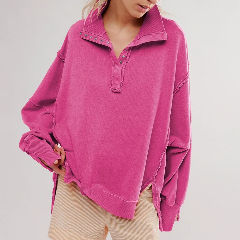 Relaxed Fit Lantern Sleeve Collared Sweatshirt with Split Hem and Panel Accent
