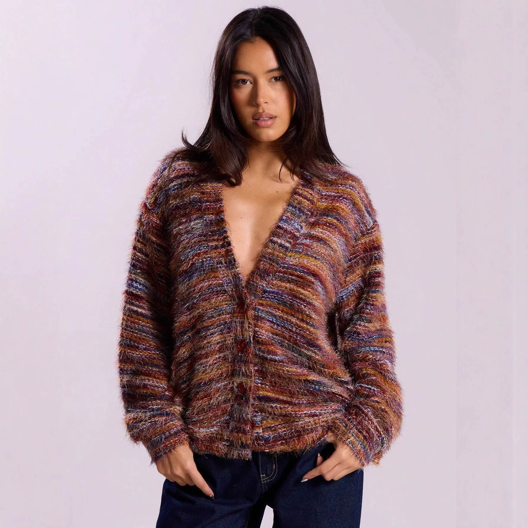 Retro Fashion Deep V-Neck Fuzzy Cardigan