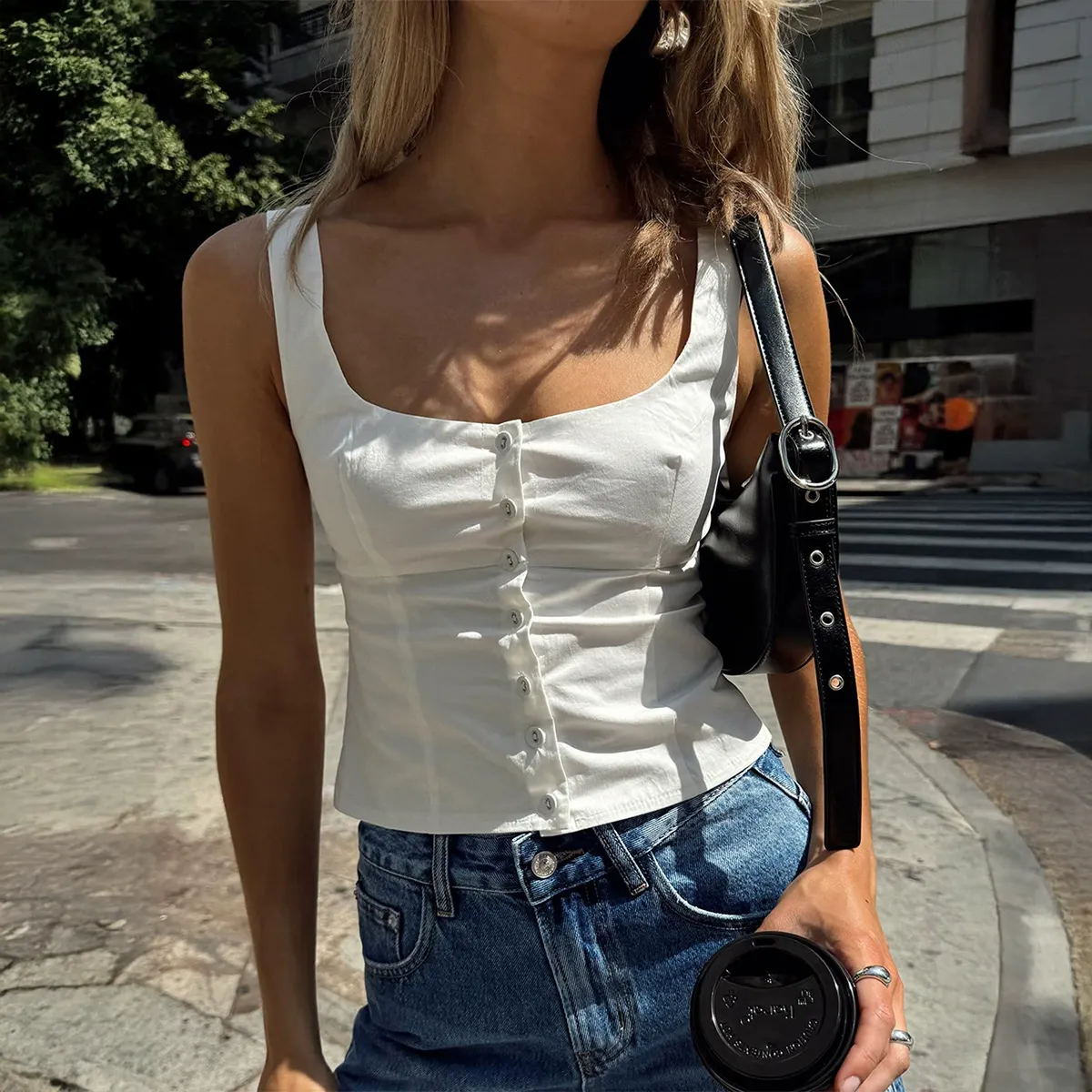 Y2K Button-Front Strappy Vest