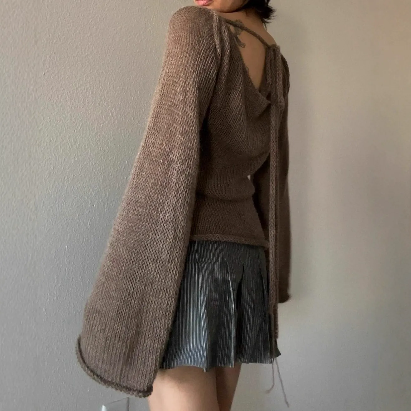 Flare Sleeve Open Back Tie-Back Knit Top