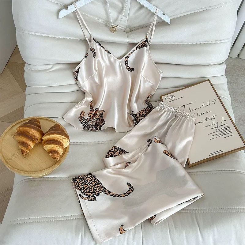 Satin Leopard Print Cami Pajama Set