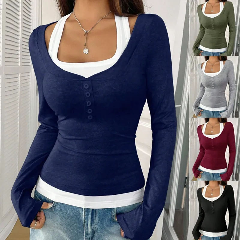Chic Color Block Halter Neck Mock Two-Piece Long Sleeve Top