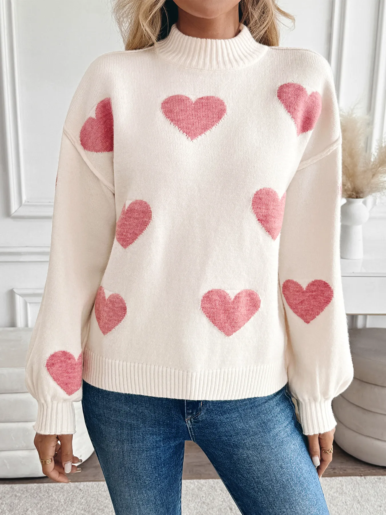 Oversized Heart Jacquard Turtleneck Sweater