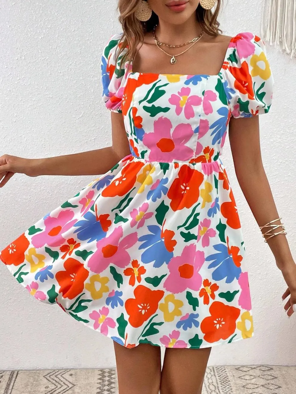 V-Neck Printed Lantern Sleeve Mini Dress