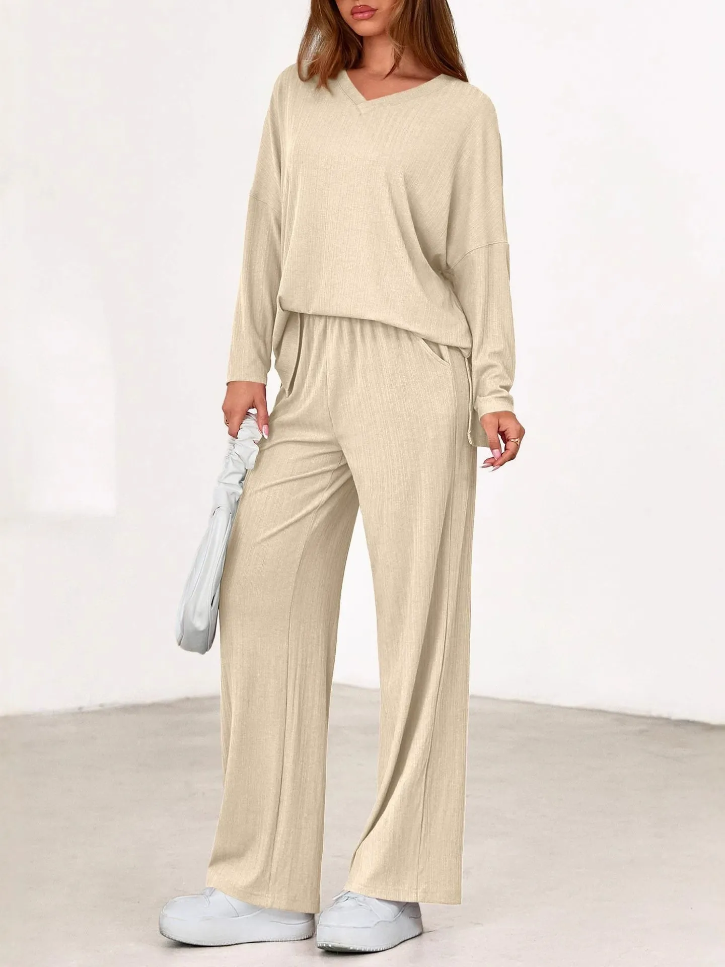 Casual Relaxed Fit Long Sleeve Top & Wide Leg Pants Set