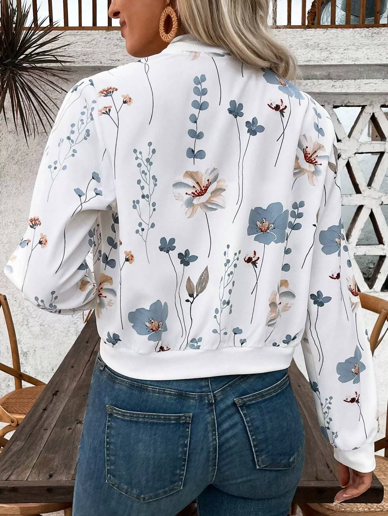Casual Floral Print Cropped Zip-Up Jacket