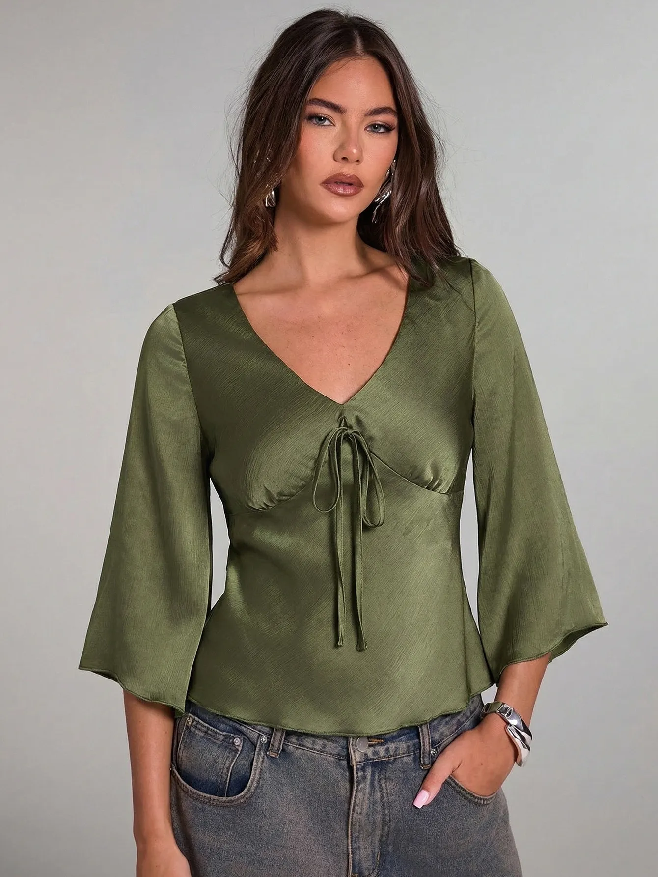 Solid V-Neck Slim Fit Blouse