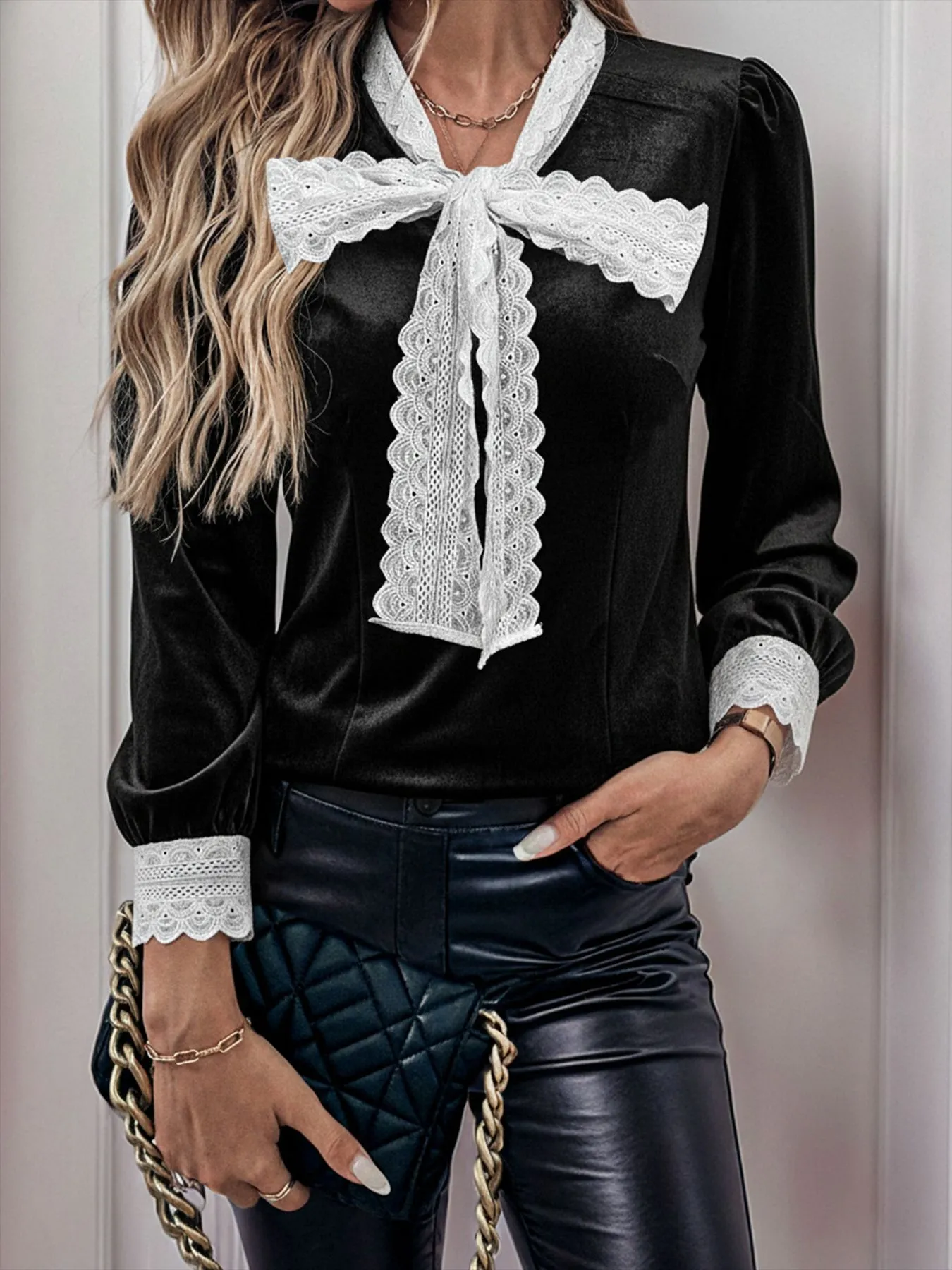 Vintage Velvet Lace Collar Long Sleeve Bow Blouse