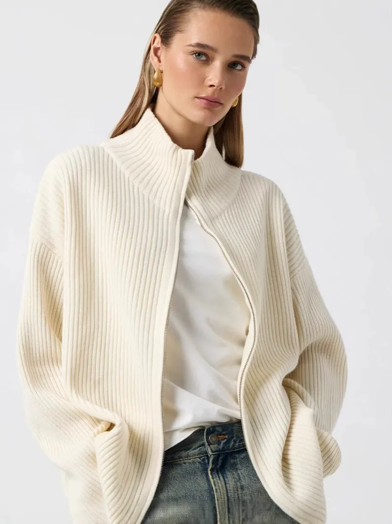 Mock Neck Knit Zipper Cardigan