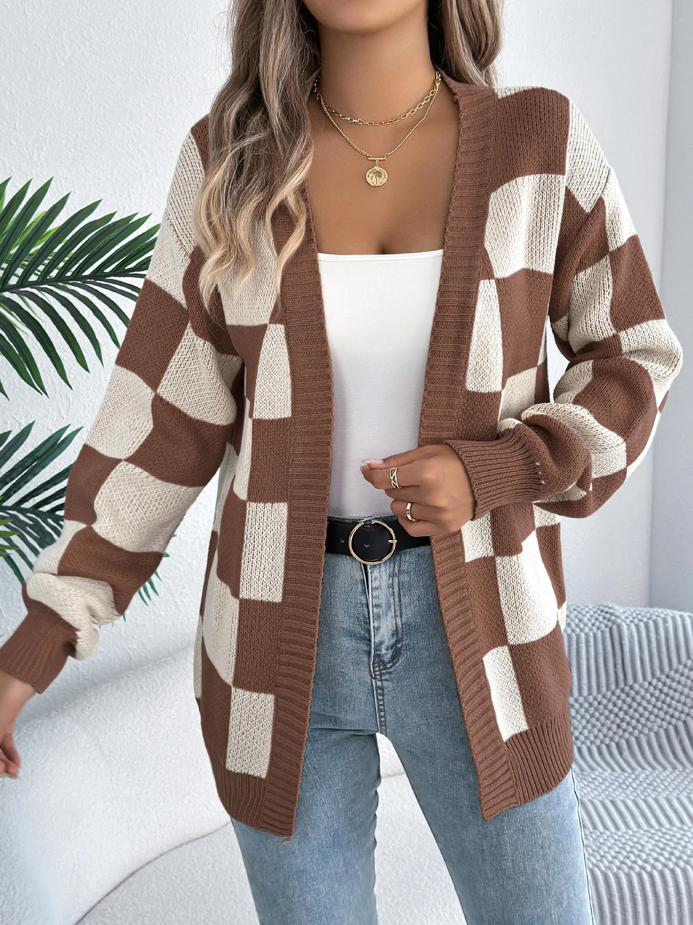 Plaid Color Block Lantern Sleeve Longline Cardigan