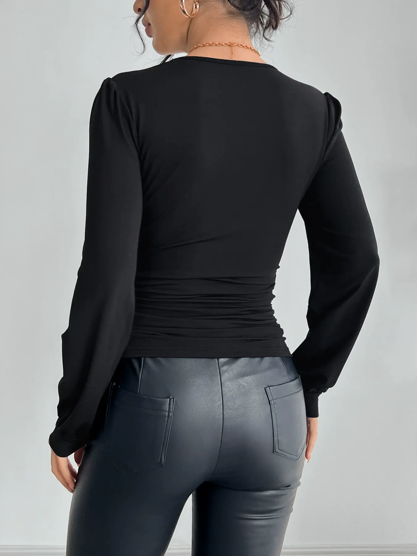 V-Neck Lace Rhinestone Side Ruched Top