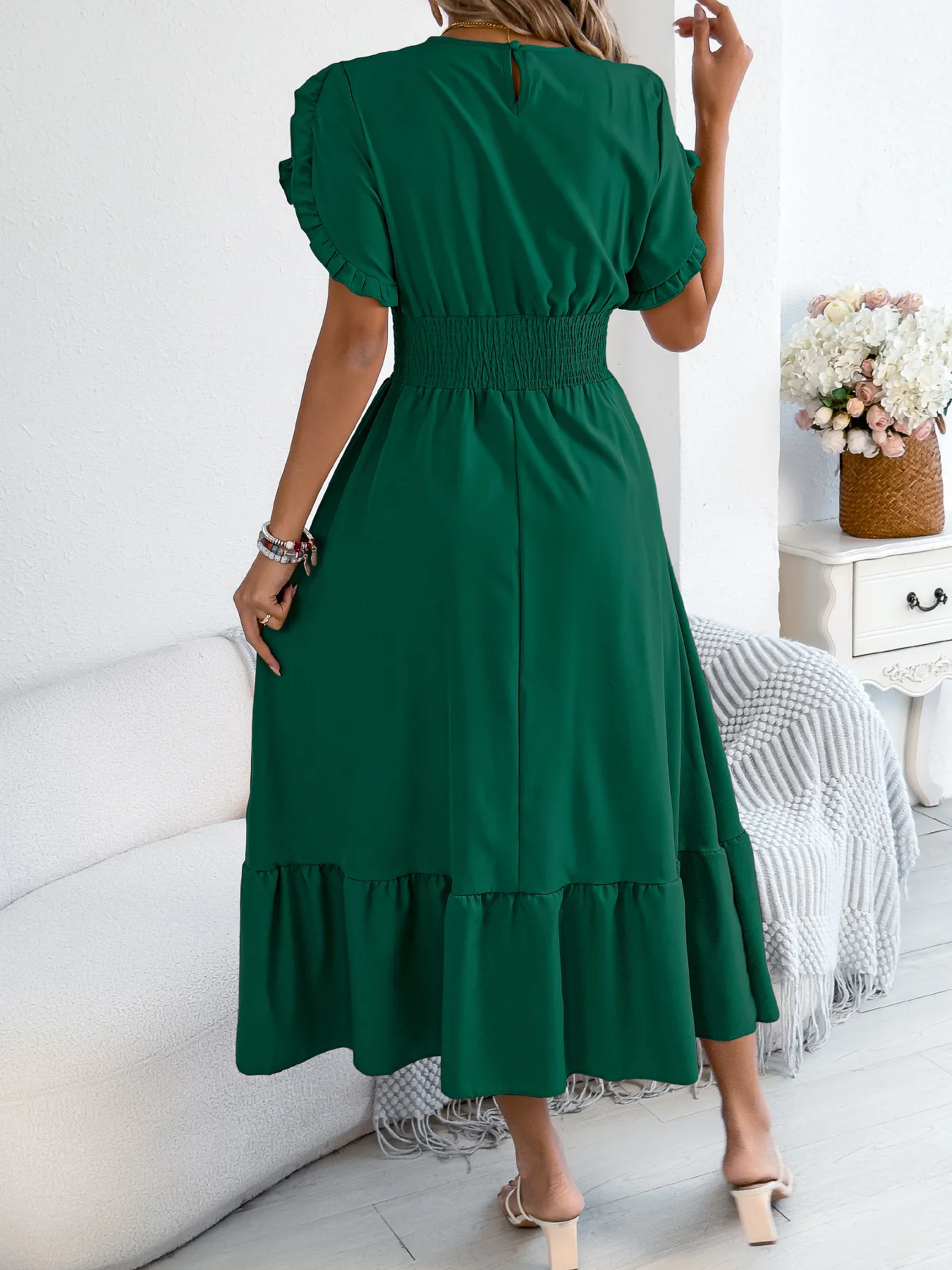 Casual Short Sleeve Smocked Ruffle Maxi Dress