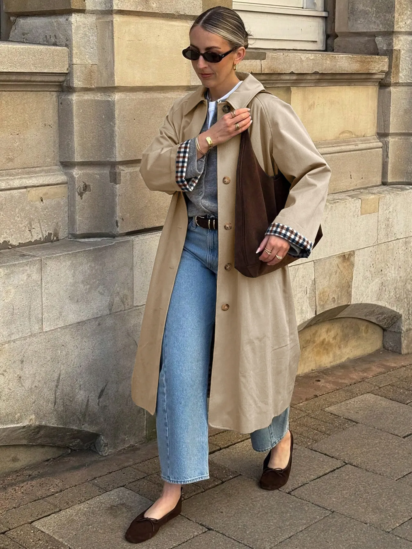 Retro Plaid Patchwork Long Trench Coat