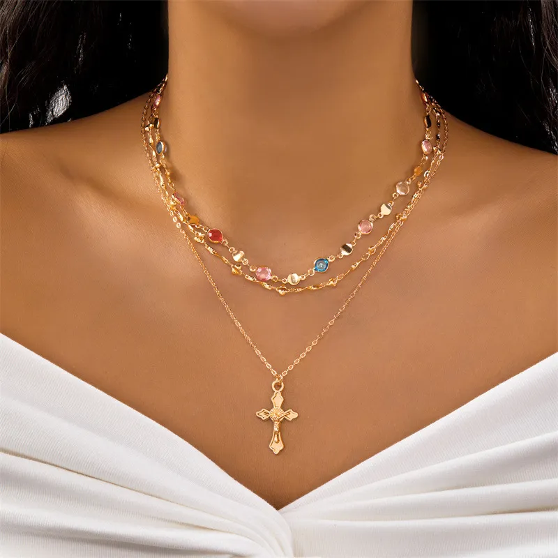 Gold Layered Cross Necklace with Colorful Rhinestones