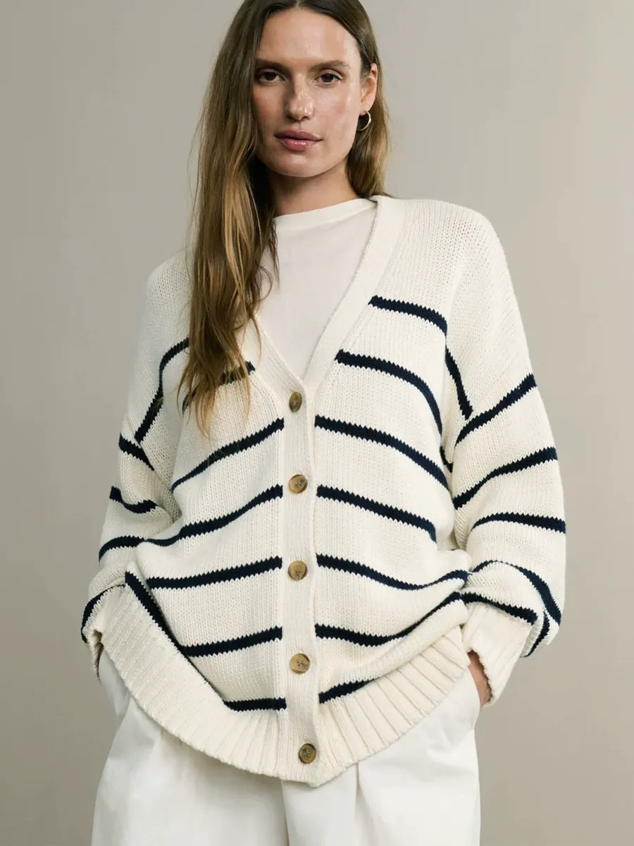 V-Neck Striped Cotton Cardigan