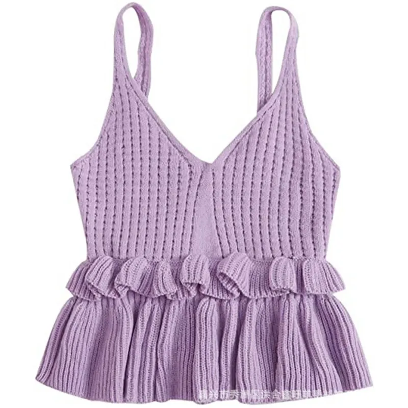 Ruffled V-Neck Sleeveless Cropped Knit Top