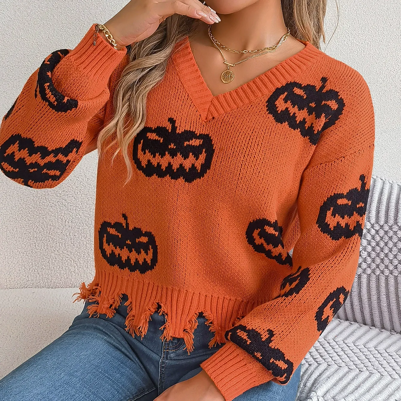 Halloween Pumpkin Distressed Colorblock Long Sleeve Pullover Sweater
