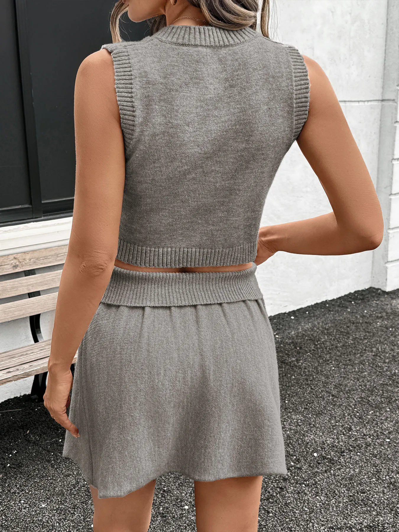 V-Neck Knit Crop Vest & Mini Skirt Two-Piece Set