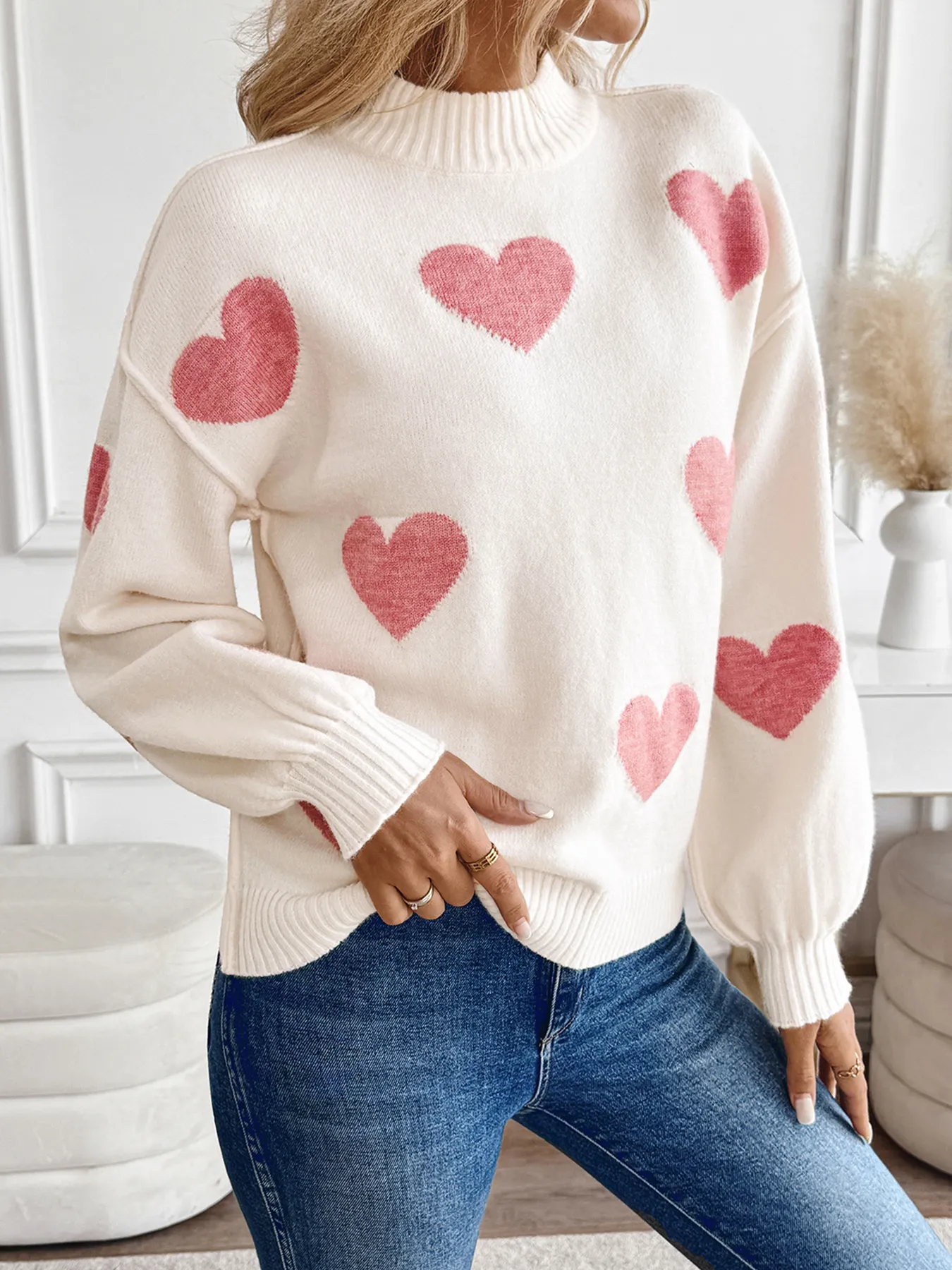 Oversized Heart Jacquard Turtleneck Sweater