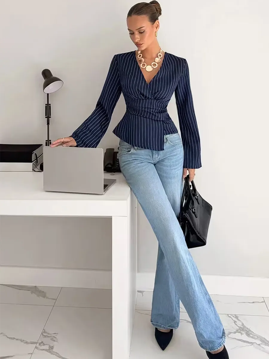 Striped V-Neck Long Sleeve Pullover Blouse