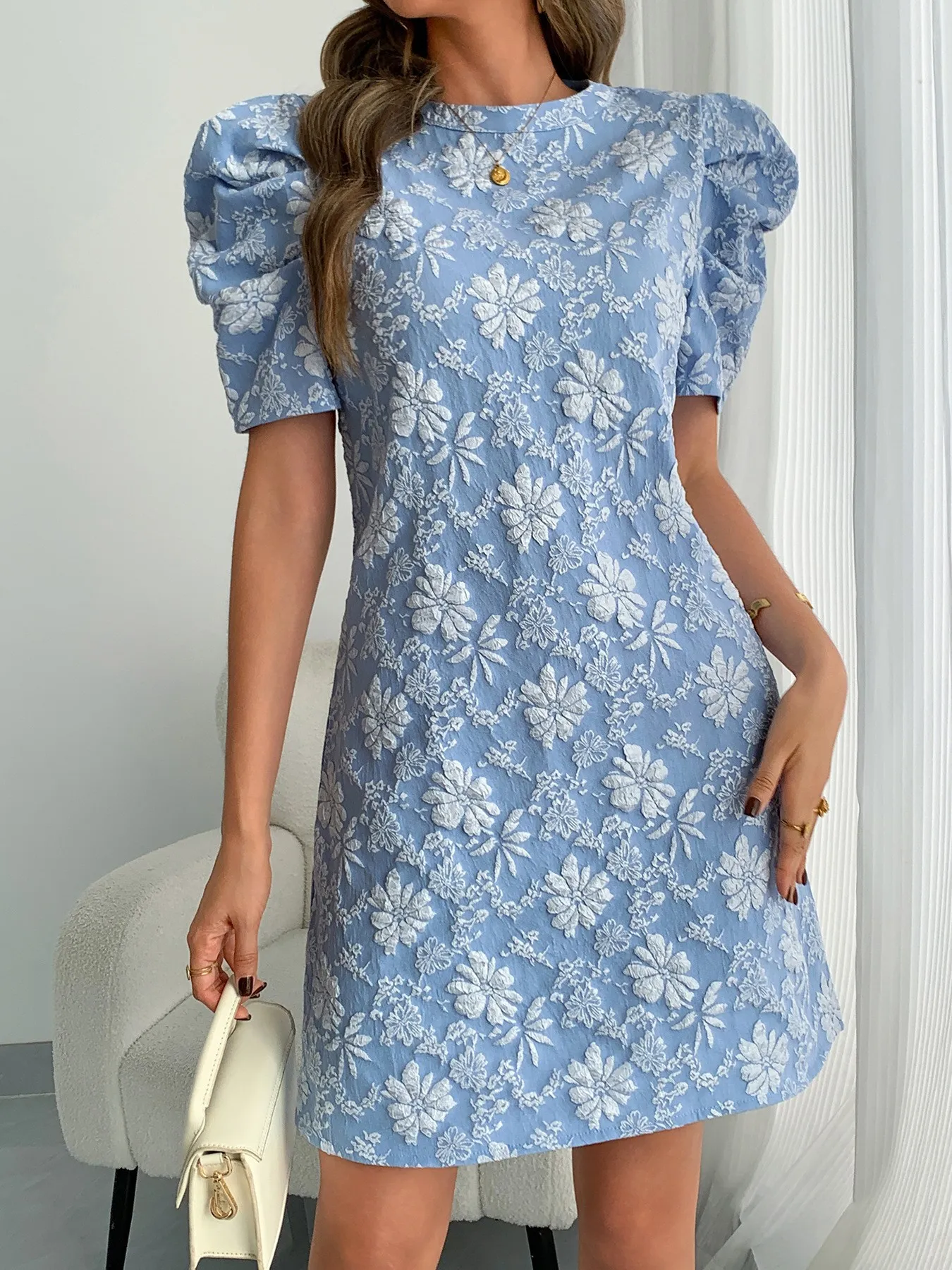 Vintage Textured Jacquard Puff Sleeve Dress