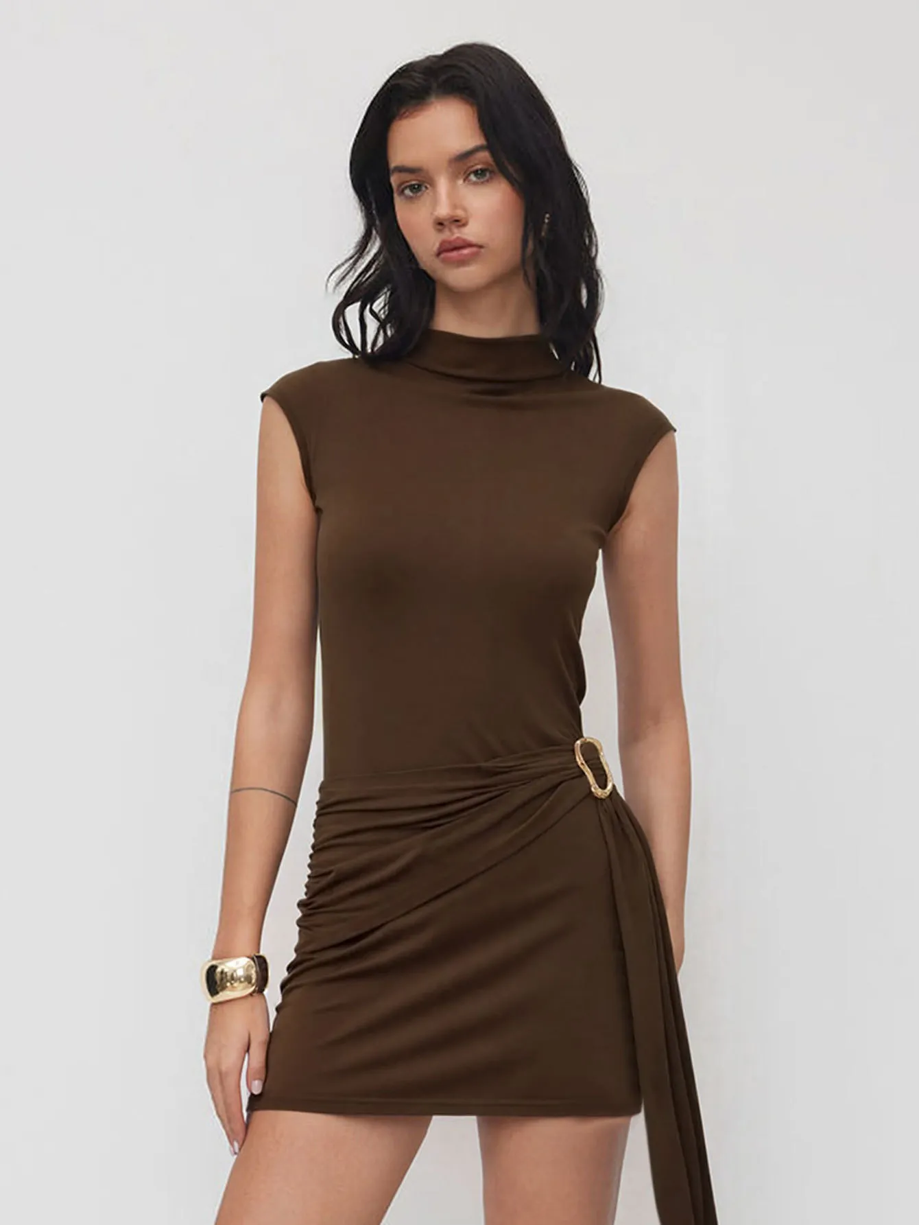 Textured Knit Slim Dress with Metal Buckle