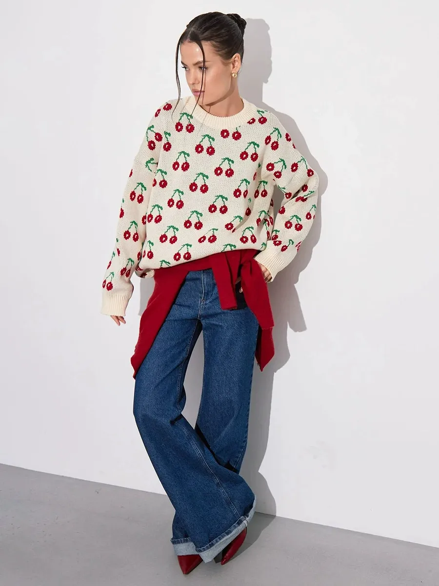 Cherry Print Oversized Knit Sweater