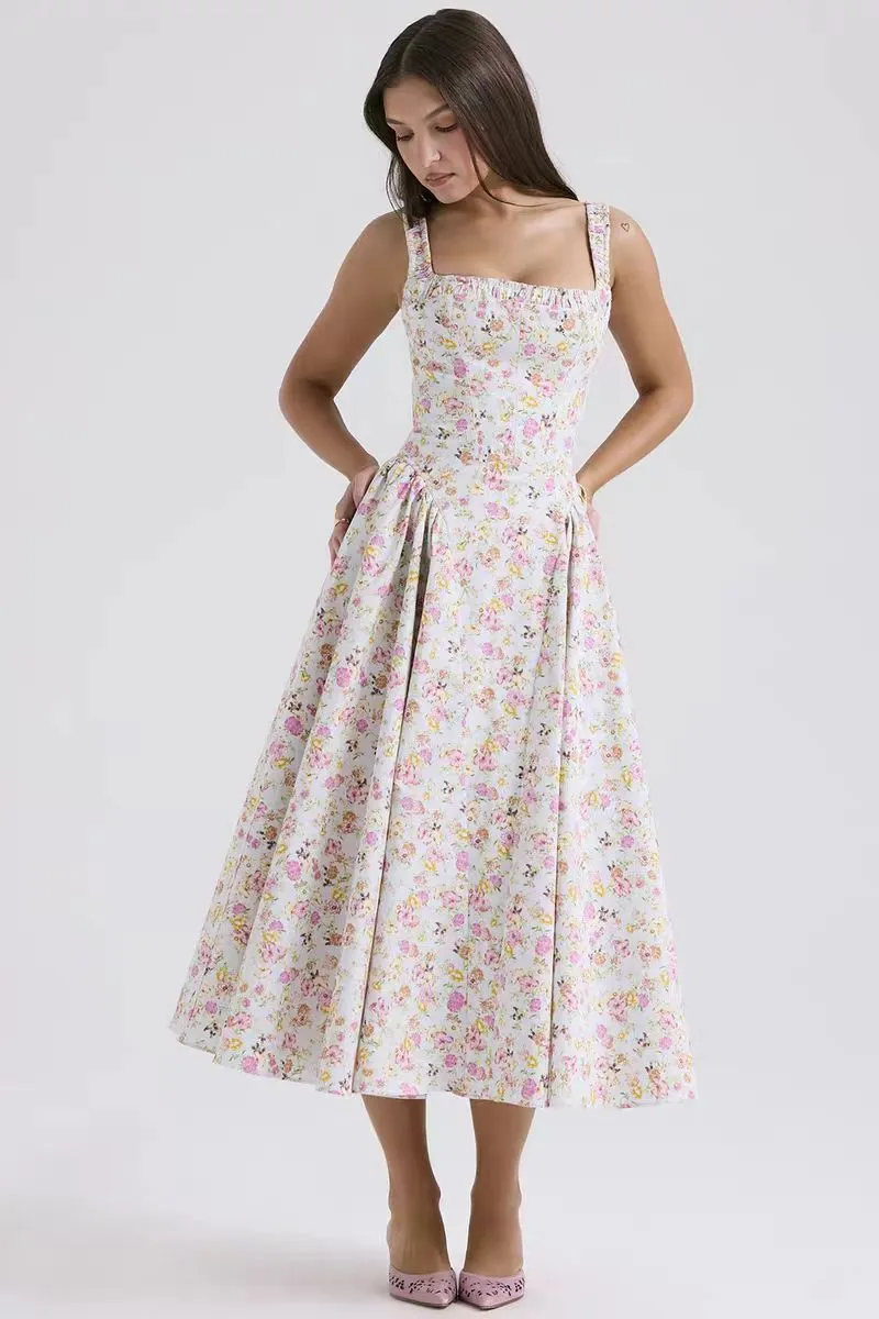 Floral Ruched A-Line Spaghetti Strap Dress
