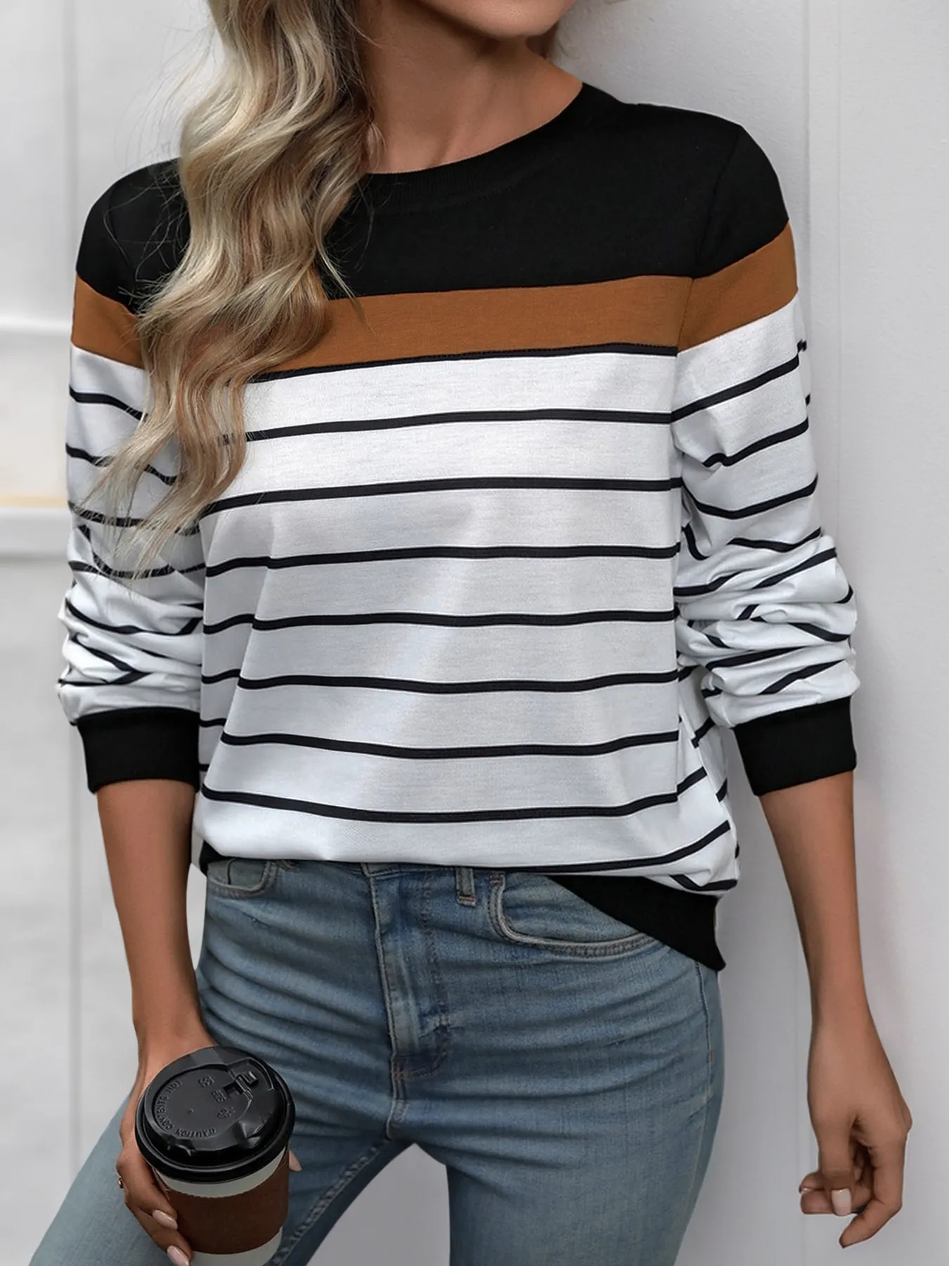 Casual Striped Long Sleeve Crew Neck Sweatshirt