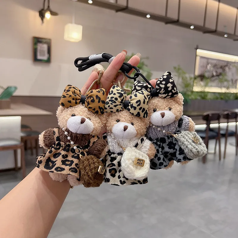 Leopard Print Plush Bear Mini Bag Keychain Charm