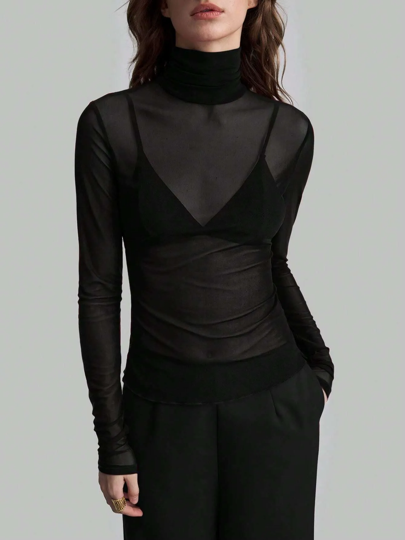 Solid Fitted Mesh Mock Neck Long Sleeve Blouse