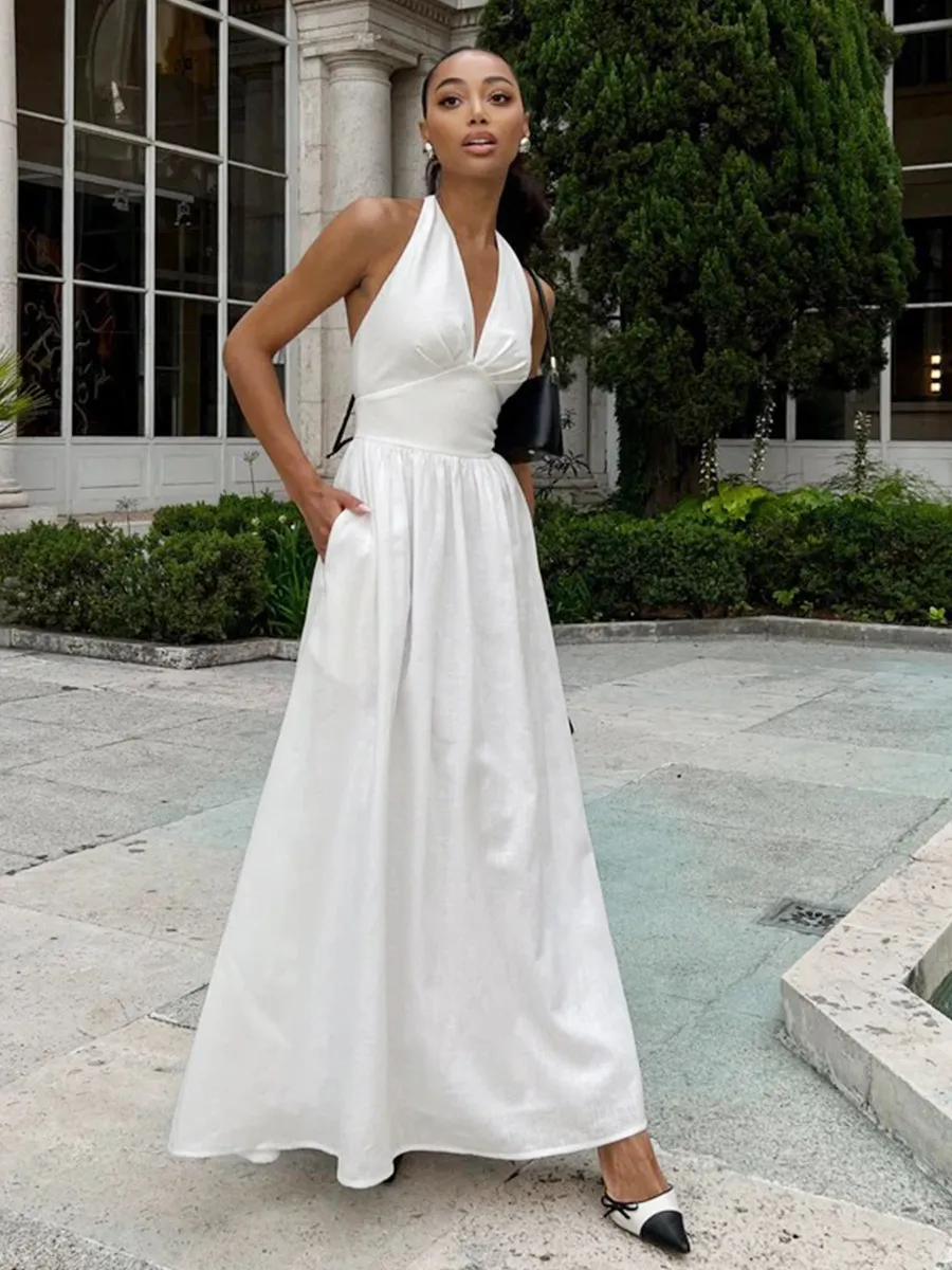 Cotton V-Neck Tie Waist Maxi Dress