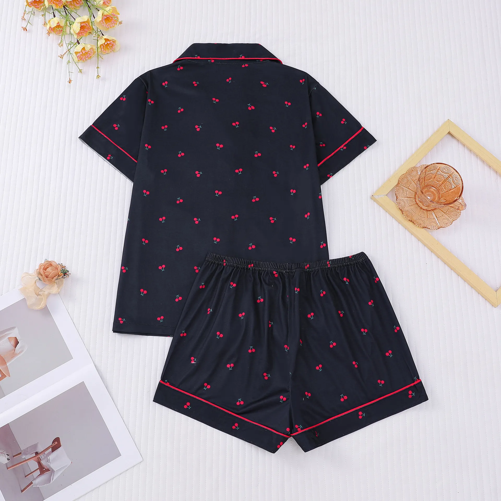 Cherry Print Collared Short Pajama Set