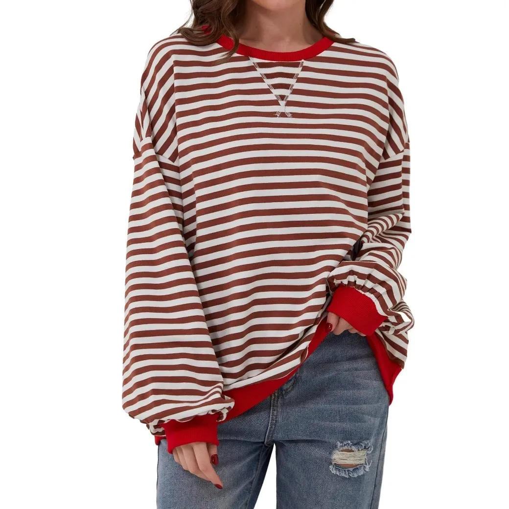 Embroidered Striped Color Block Crewneck Sweatshirt