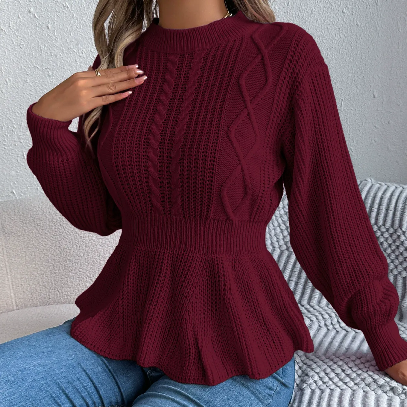 Solid Cable Knit Long Sleeve Peplum Pullover Sweater