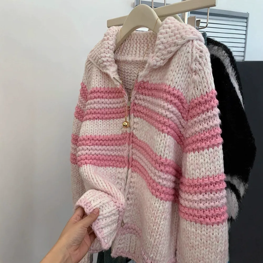 Pink Striped Knitted Cardigan Jacket