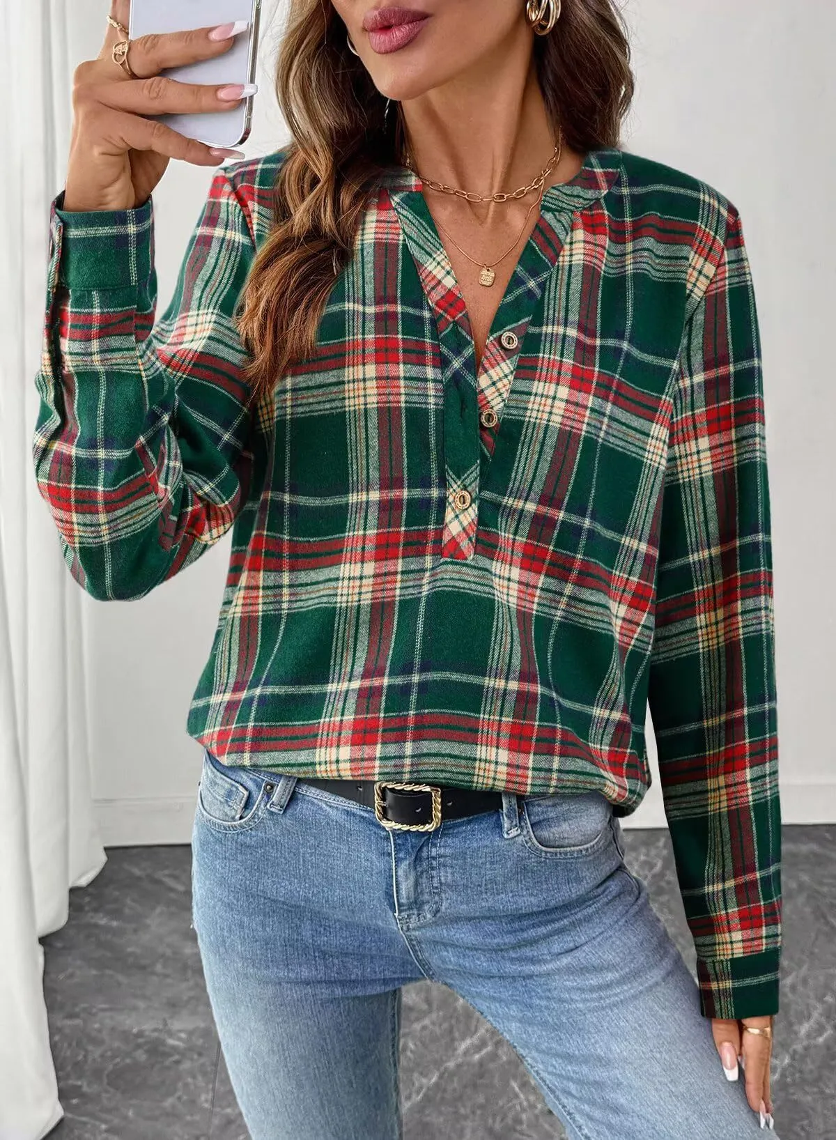V-Neck Plaid Button-Up Shirt