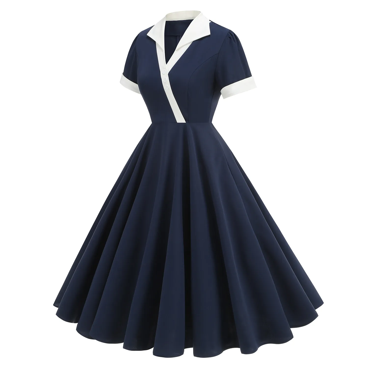 Elegant Retro Color Block Swing Dress