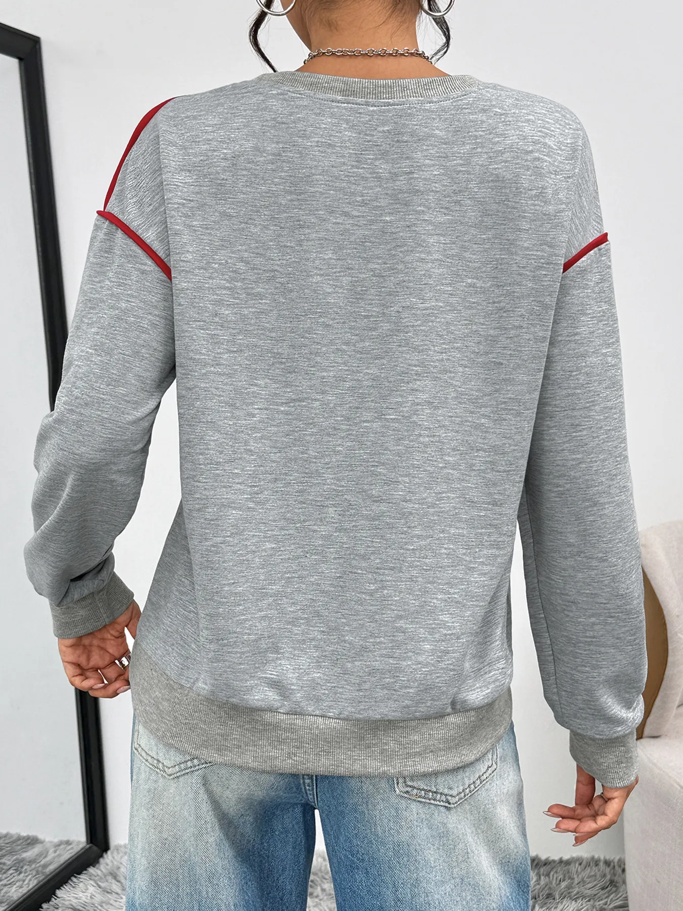 Heart Embroidery Drop Shoulder Crewneck Sweatshirt