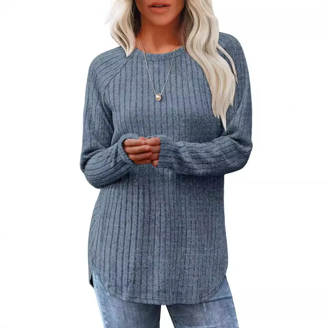 Loose Fit Crewneck High-Low Curved Hem Top