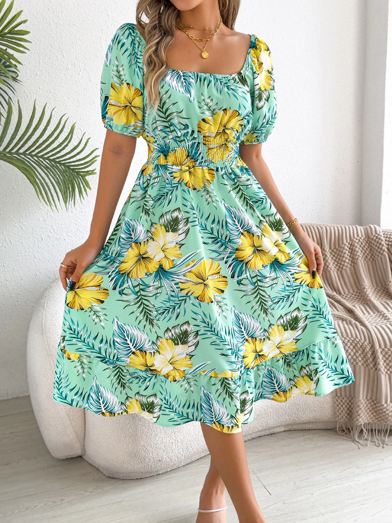 Floral Cold Shoulder Ruffle Beach Dress