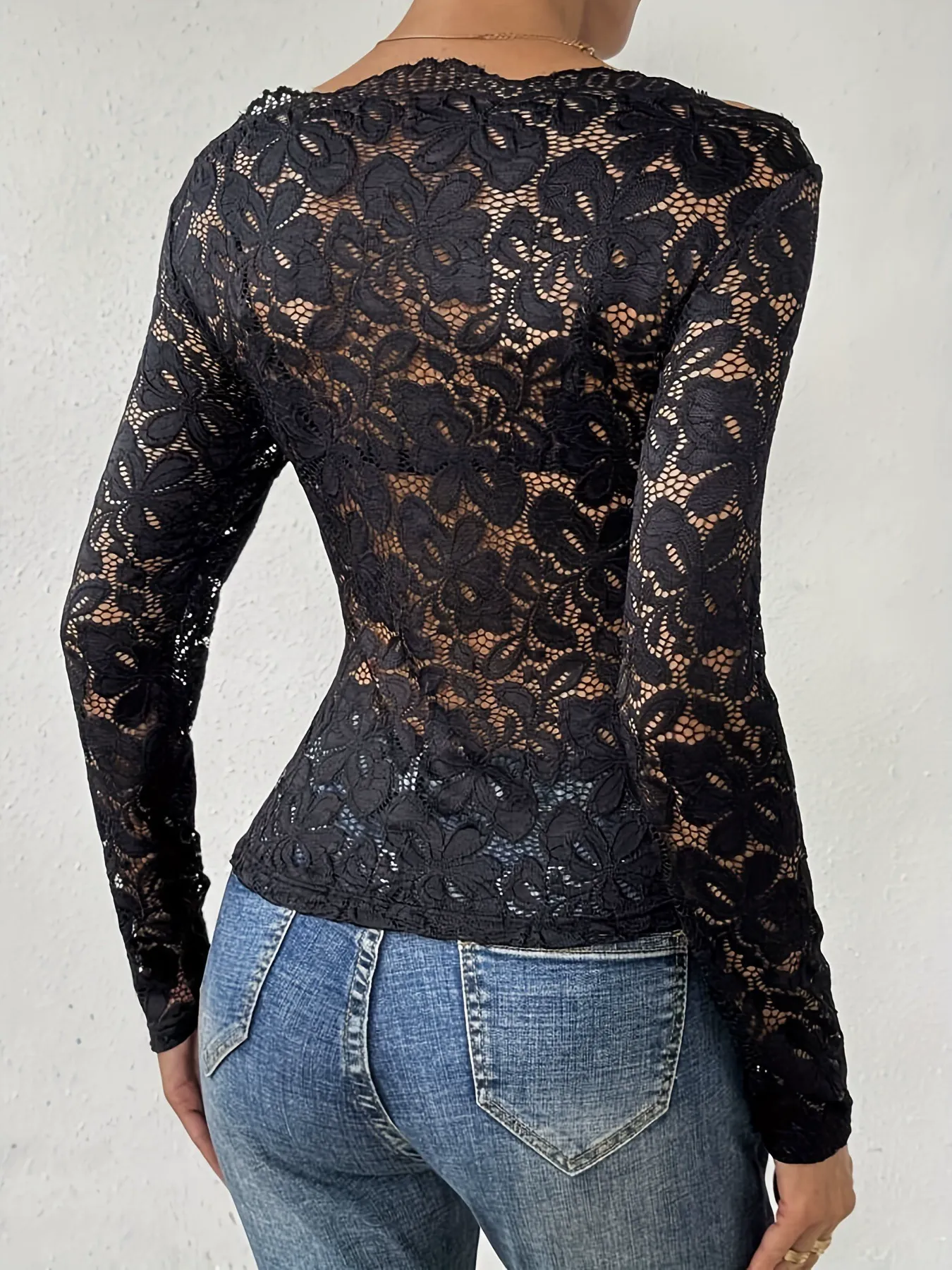 Scalloped Lace Off-Shoulder Long Sleeve Top