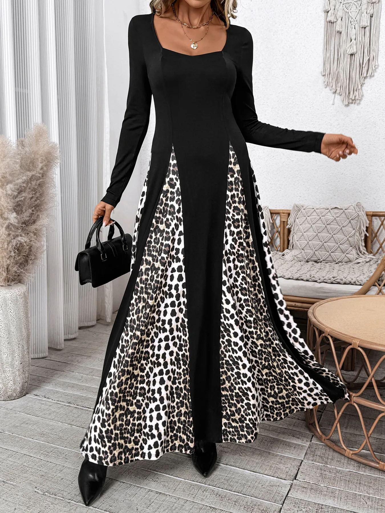 Vintage Leopard Print Spliced Square Neck Long Sleeve Maxi Dress