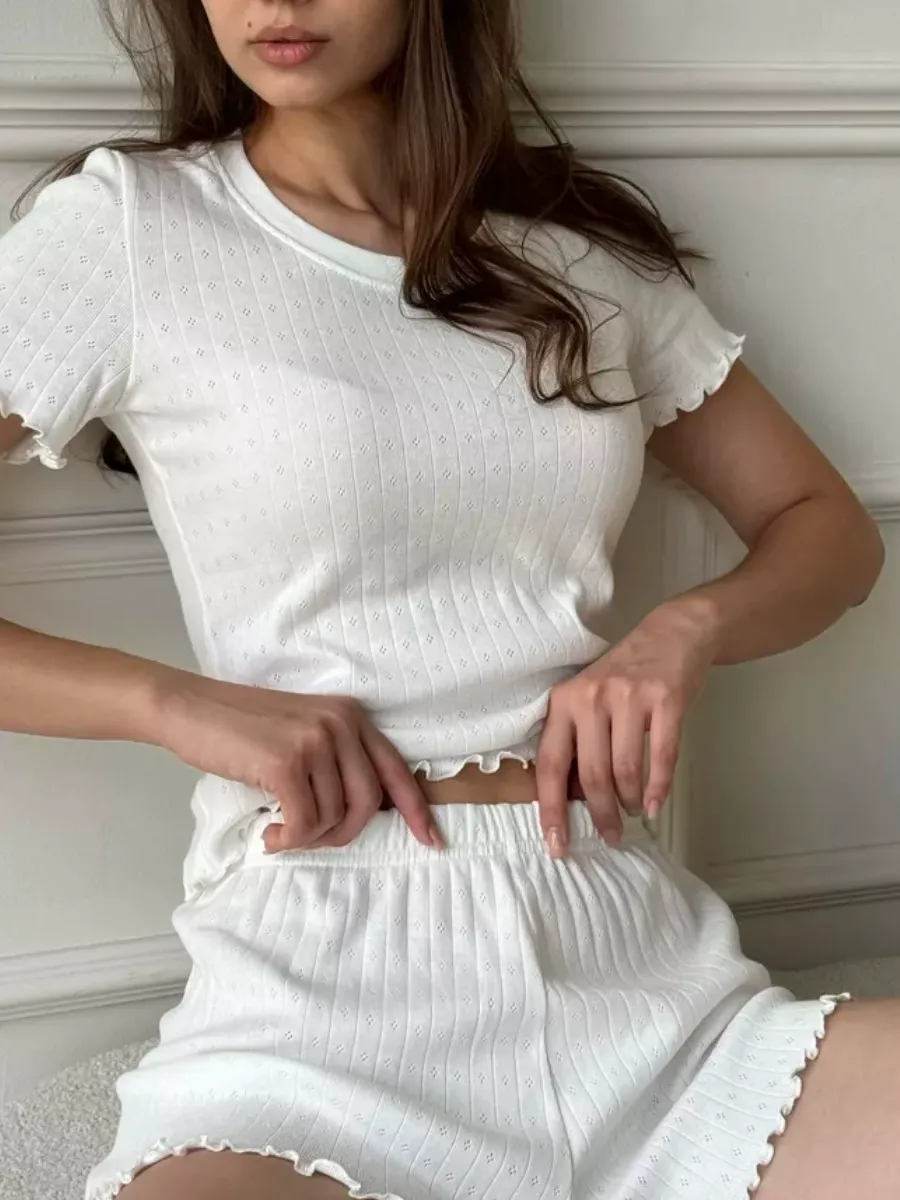 Chic Jacquard Lettuce Trim Short Sleeve Shorts Lounge Set