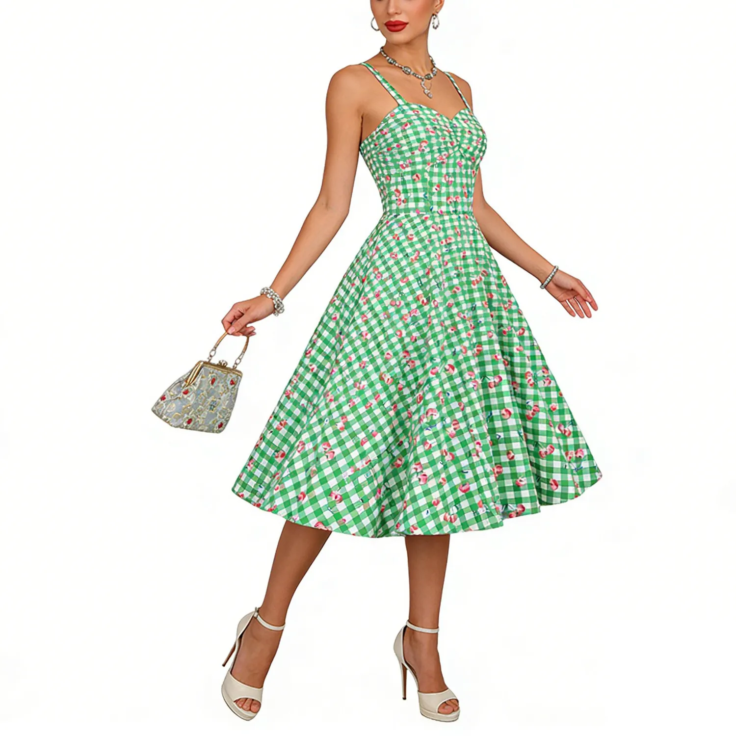 Vintage Cherry Print Gingham Spaghetti Strap Midi Dress